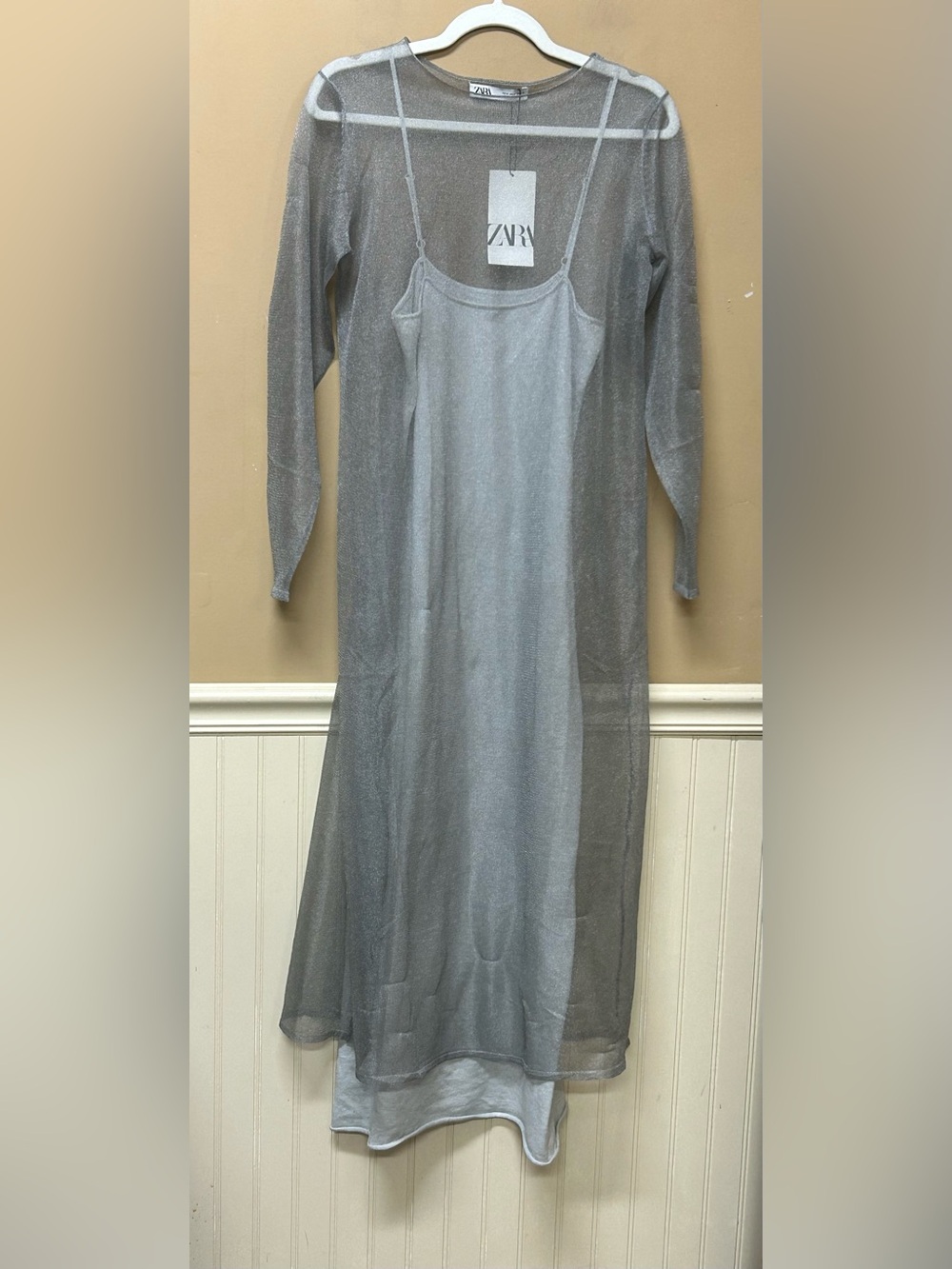 Zara Silver Gray Dress with Sheer Dress Overlay Long Sleeve Size M NWT